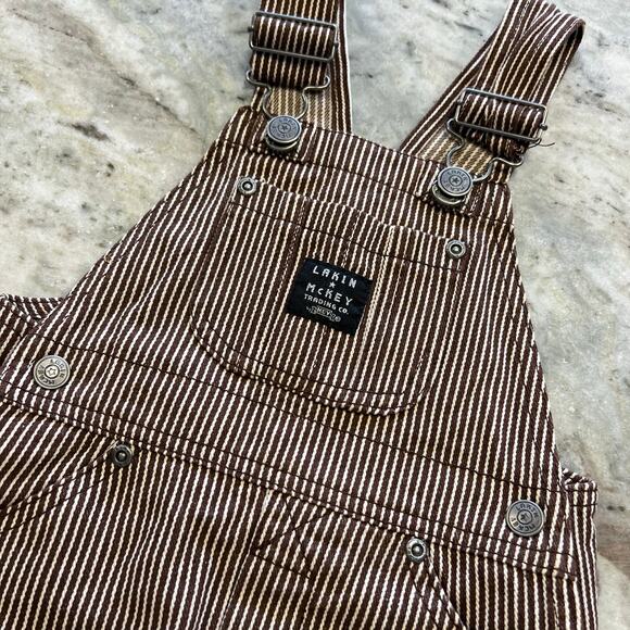Lakin McKey Brown + White Striped Snap Bottom Overalls Size 12 Mo - Picture 2 of 5